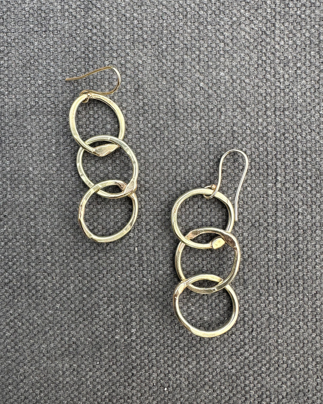 9ct Gold 3s Heavy Hammered ‘Unity’ Drop Earrings Designed and Made by Ariana Watling Lacock Wiltshire