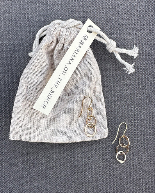 9ct Gold 3s Medium Hammered ‘Unity’ Drop Earrings Designed and Made by Ariana Watling Lacock Wiltshire