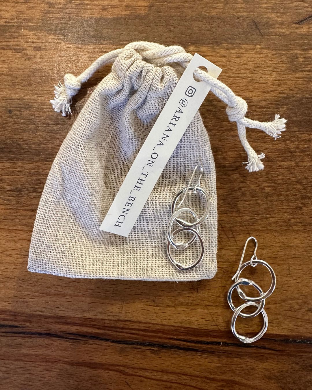 Sterling Silver Heavy Hammered ‘Unity’ 3 Drop Earrings Designed and Made by Ariana Watling Lacock Wiltshire
