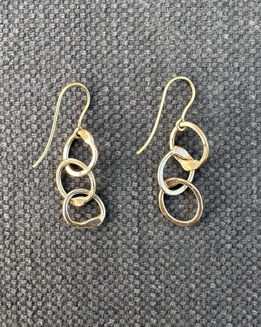 9ct Gold 3s Medium Hammered ‘Unity’ Drop Earrings Made by Ariana Watling Lacock Wiltshire